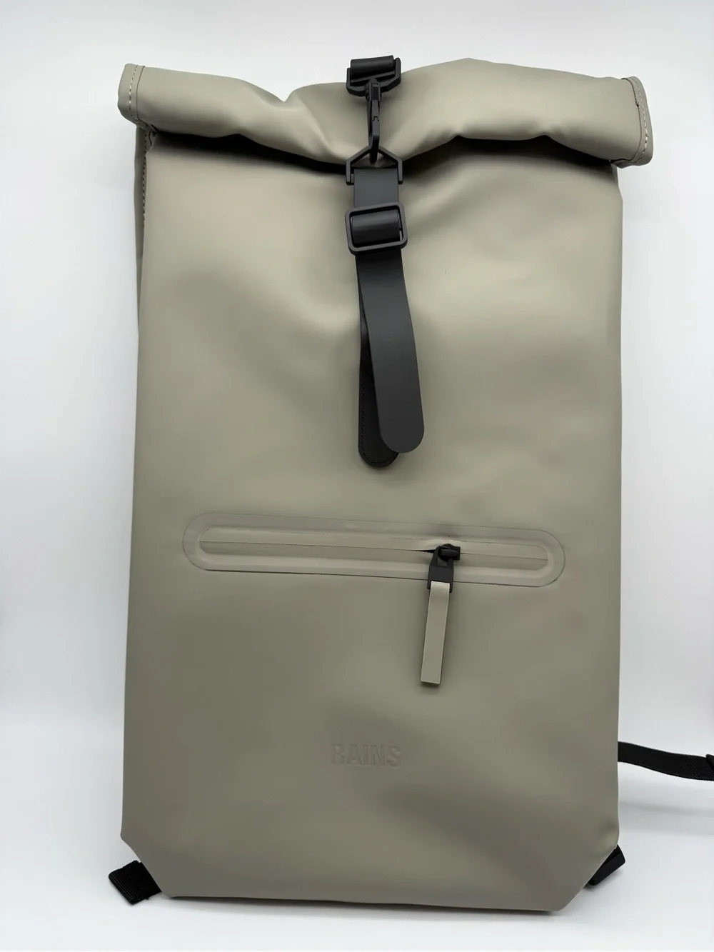 Rains Rolltop Rucksack W3 Backpack in Light Gray with Black Strap